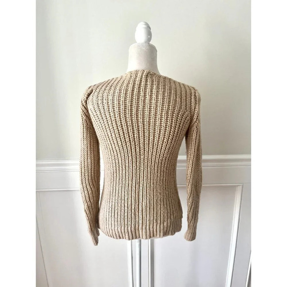 Loft Tan Metallic V Neck Chunky Knit Sweater XSP Petite - Picture 3 of 5